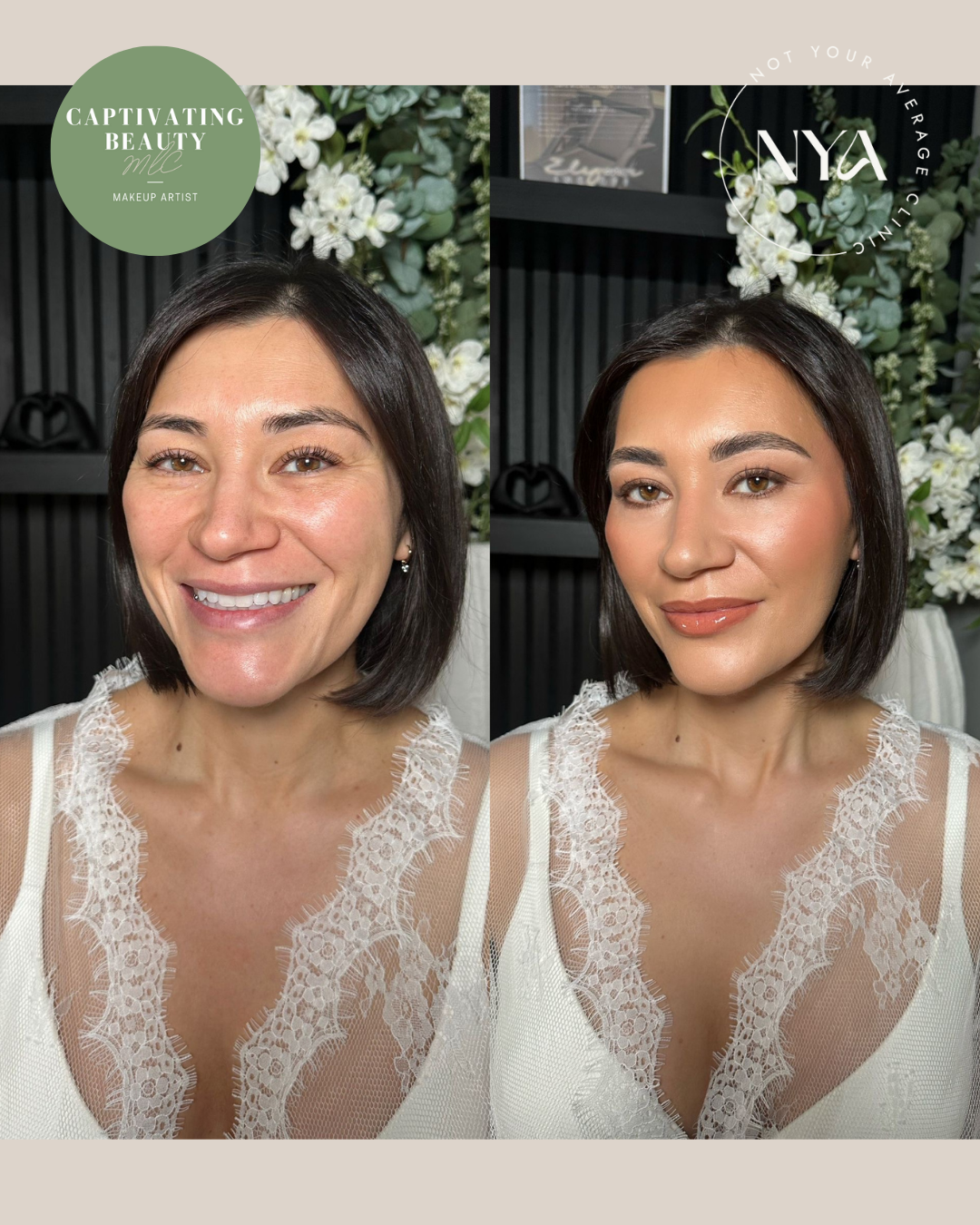 Before and after makeup transformation of a woman, showing natural makeup on the left and fully applied makeup on the right, with floral decorations and logos in the background.