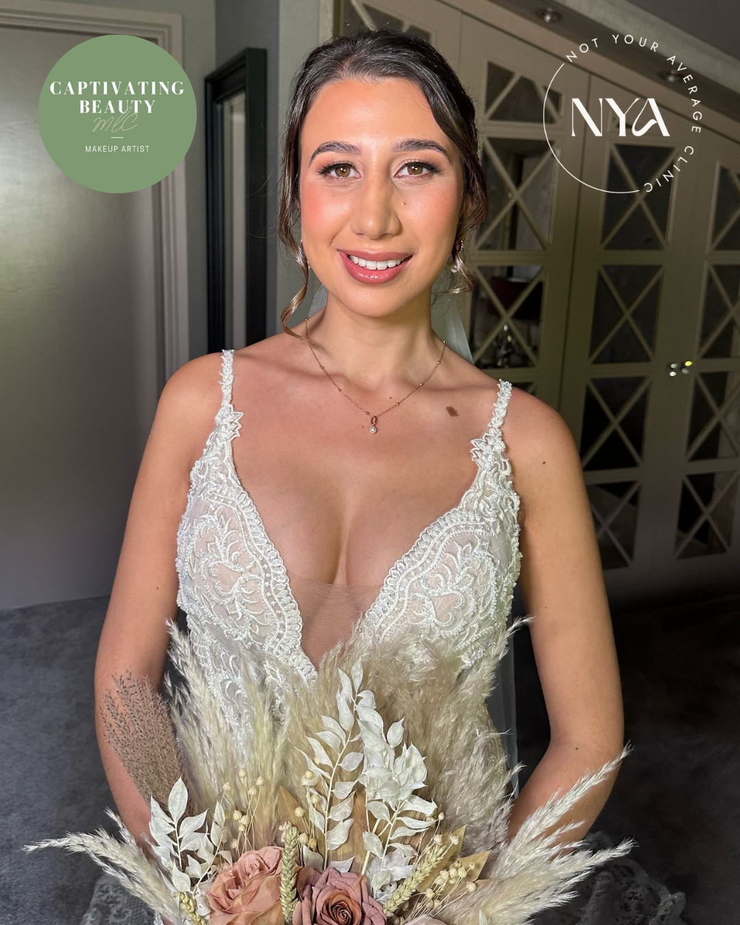 Woman in white lace dress holding a rustic bouquet.