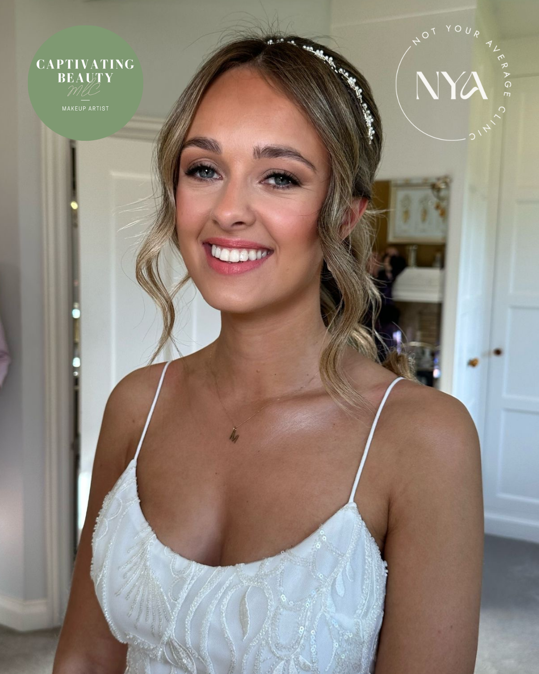 Smiling woman with bridal makeup and hairstyle, wearing a white dress with spaghetti straps, in a room with light walls and a closed door. Text logos for "Captivating Beauty Makeup Artist" and "Not Your Average Clinic" are visible on the image.