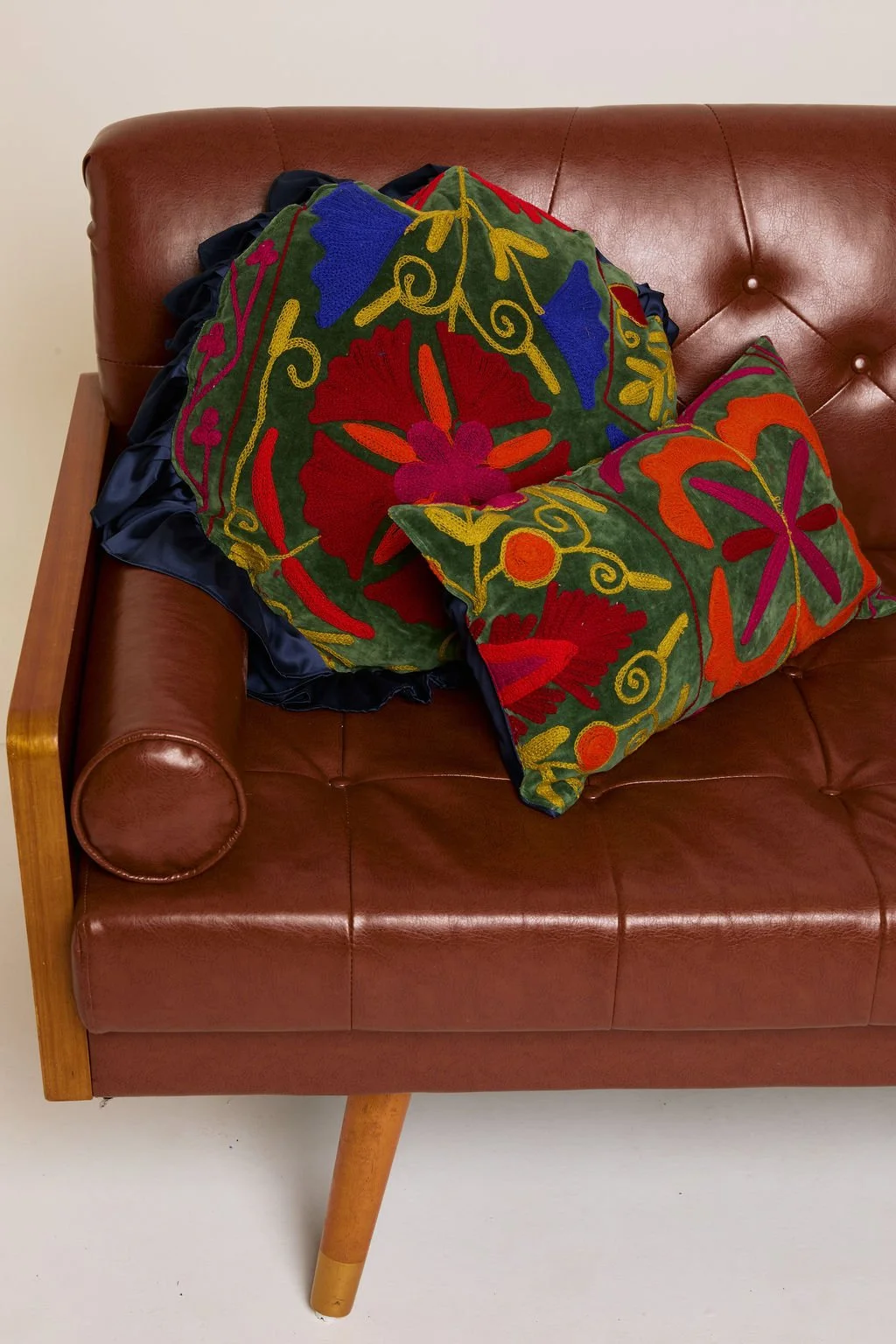 Vibrant Suzani Cushion with Satin Frill