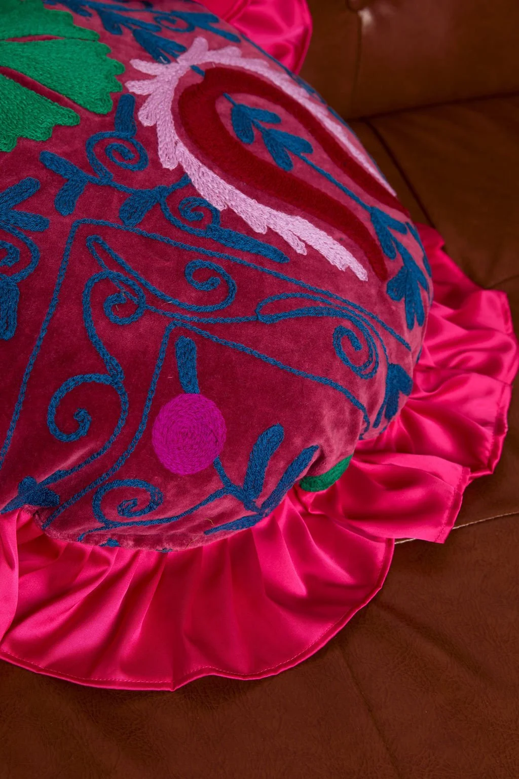 Vibrant Suzani Cushion with Satin Frill
