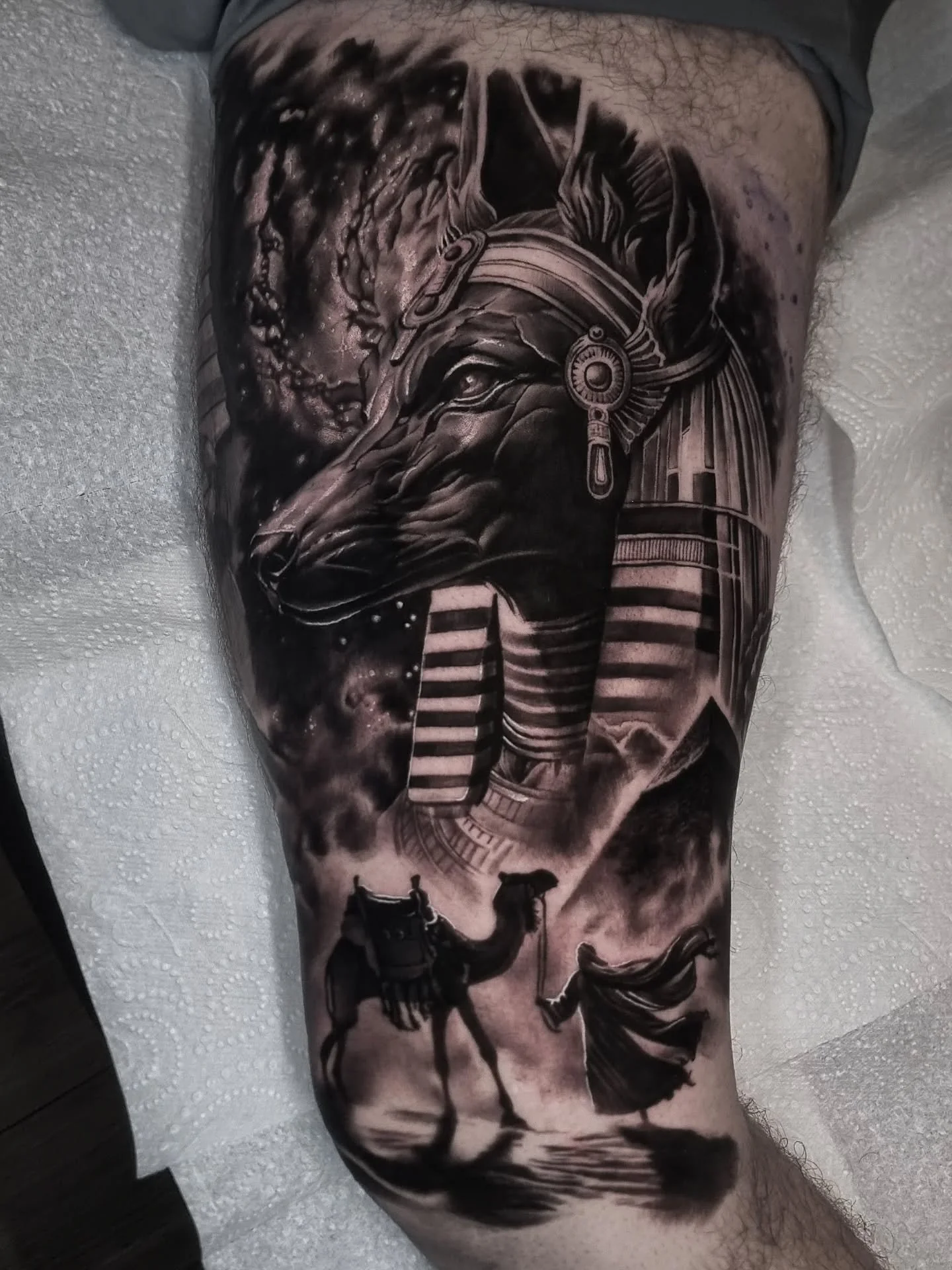 Added this Anubis to an on-going project over the last 2 days . Its a super tough spot to get tattooed but charlie sat like an absolute trooper and I'm really happy with the result. What do you guys think? Would you be brave enough to do 2 days on th