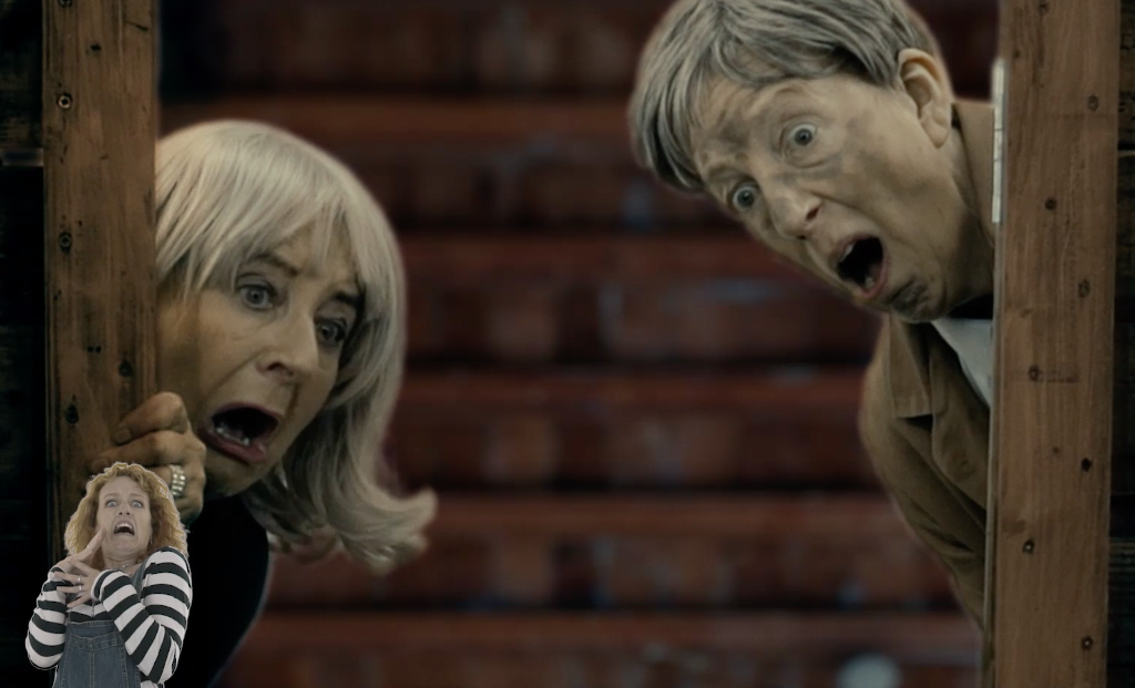 Brian and Brenda stare down a trapdoor, screaming