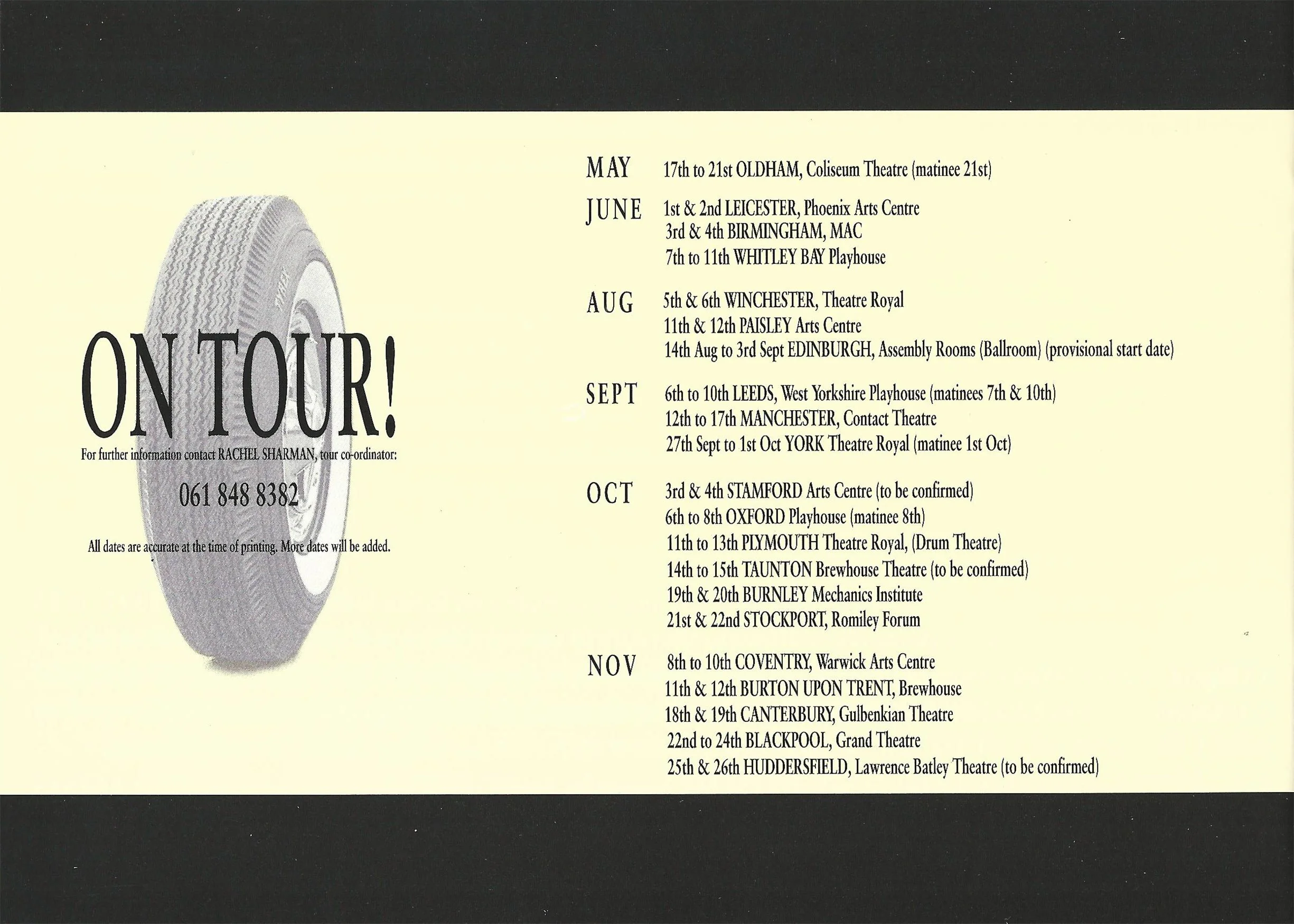 Back of programme, tour dates
