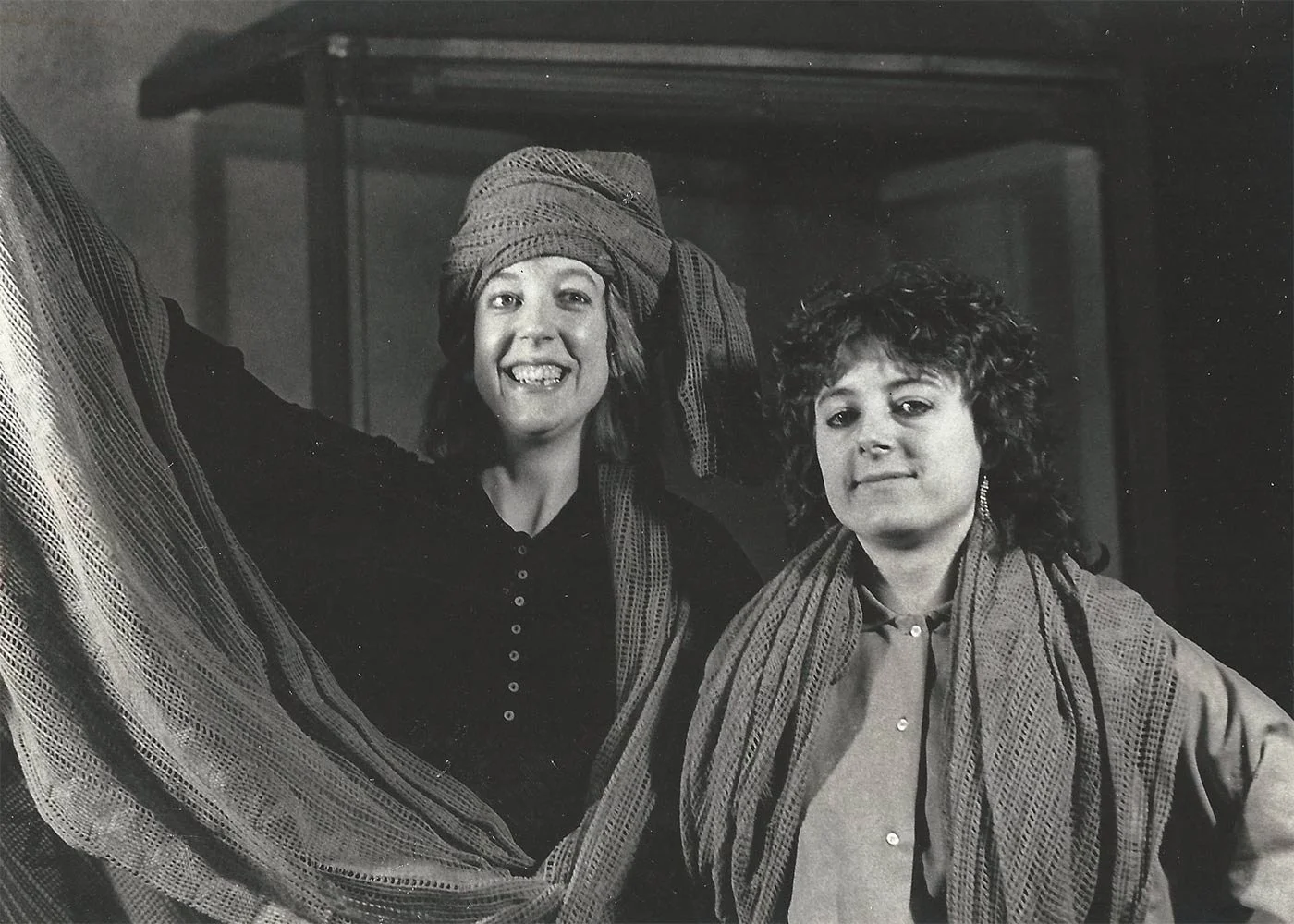 Maggie and Sue, Maggie draped in a cloth as Mavis the period