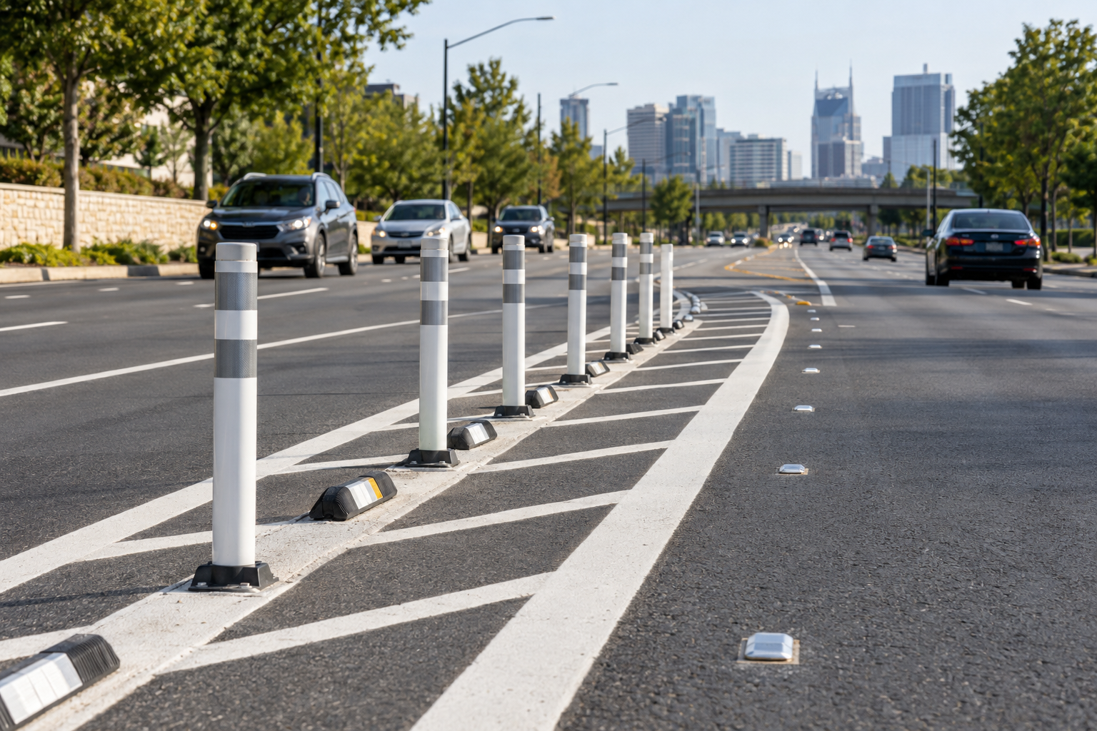 Flexible delineators and traffic safety markings on a Nashville street