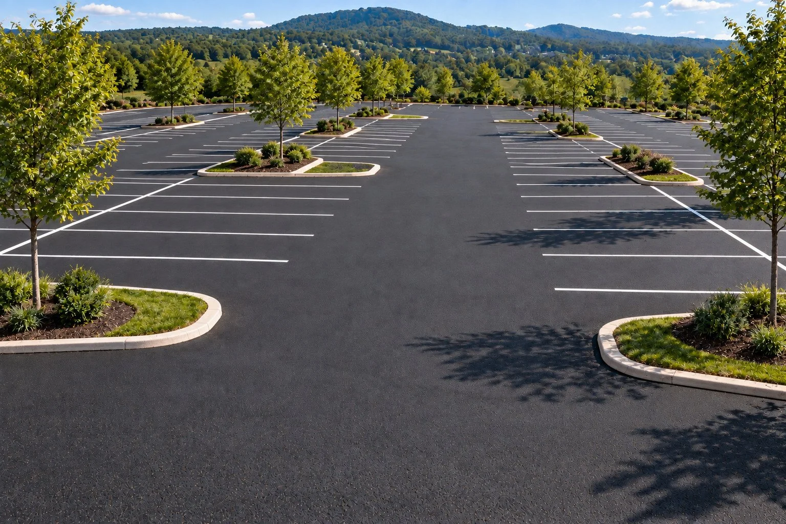 Freshly striped commercial parking lot with landscaped islands in Middle Tennessee