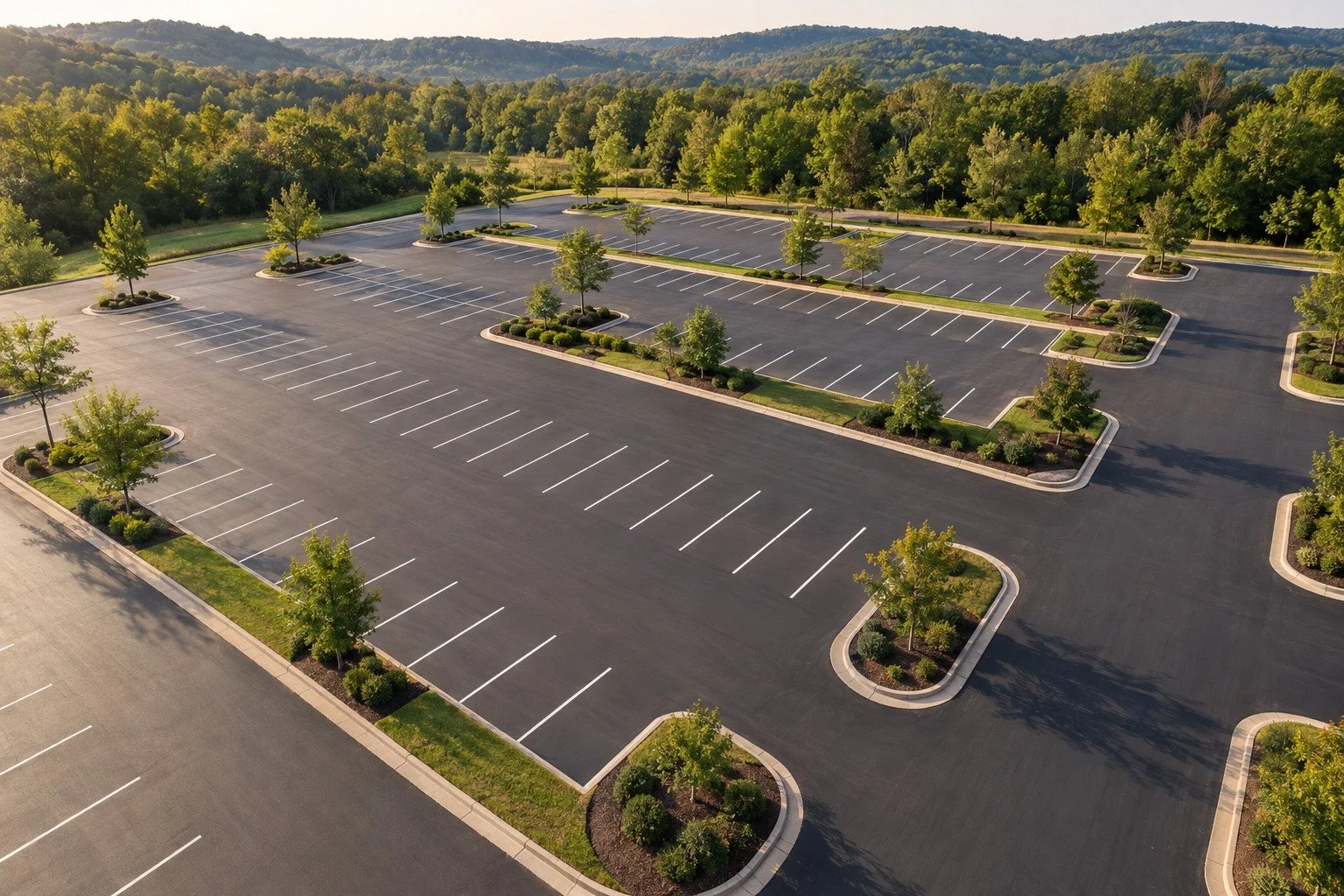 Freshly striped commercial parking lot with landscaped islands in Middle Tennessee