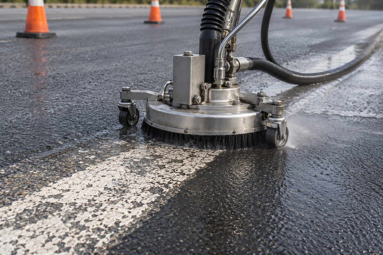 Water blasting equipment removing old pavement markings in Nashville, Tennessee