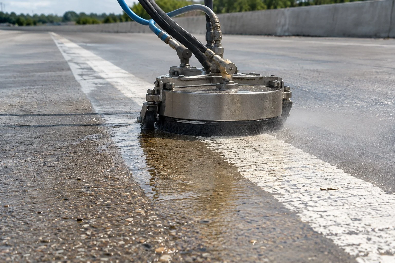 Water blasting head removing a thermoplastic pavement marking in Nashville, Tennessee