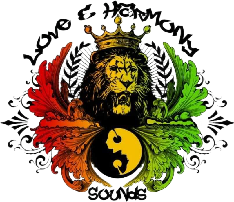 A graphic design featuring a lion's head wearing a crown, surrounded by red, orange, and green foliage, with the words "Love & Harmony Sounds" in stylized black lettering.