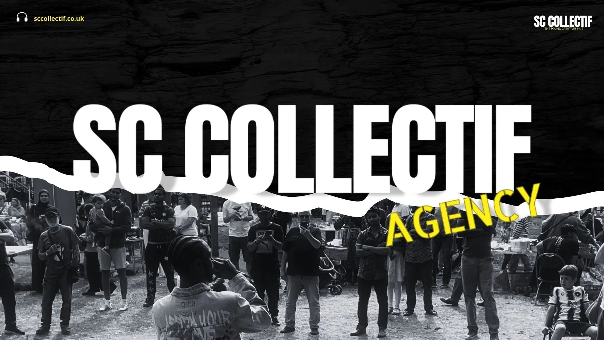 A grayscale photo of a crowd of people gathered outdoors, some taking photos and others standing or sitting, with a large overlay text reading 'SC COLLECTIVE' and 'AGENCY' in yellow, and a website URL in the top left corner.