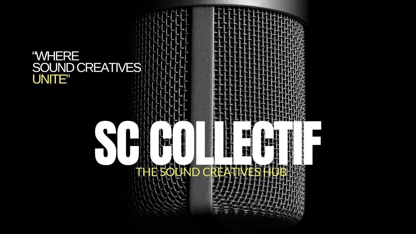 Close-up of a large professional microphone with text overlay reading 'SC Collection, The Sound Creatives Hub, 'Where Sound Creatives Unite'.