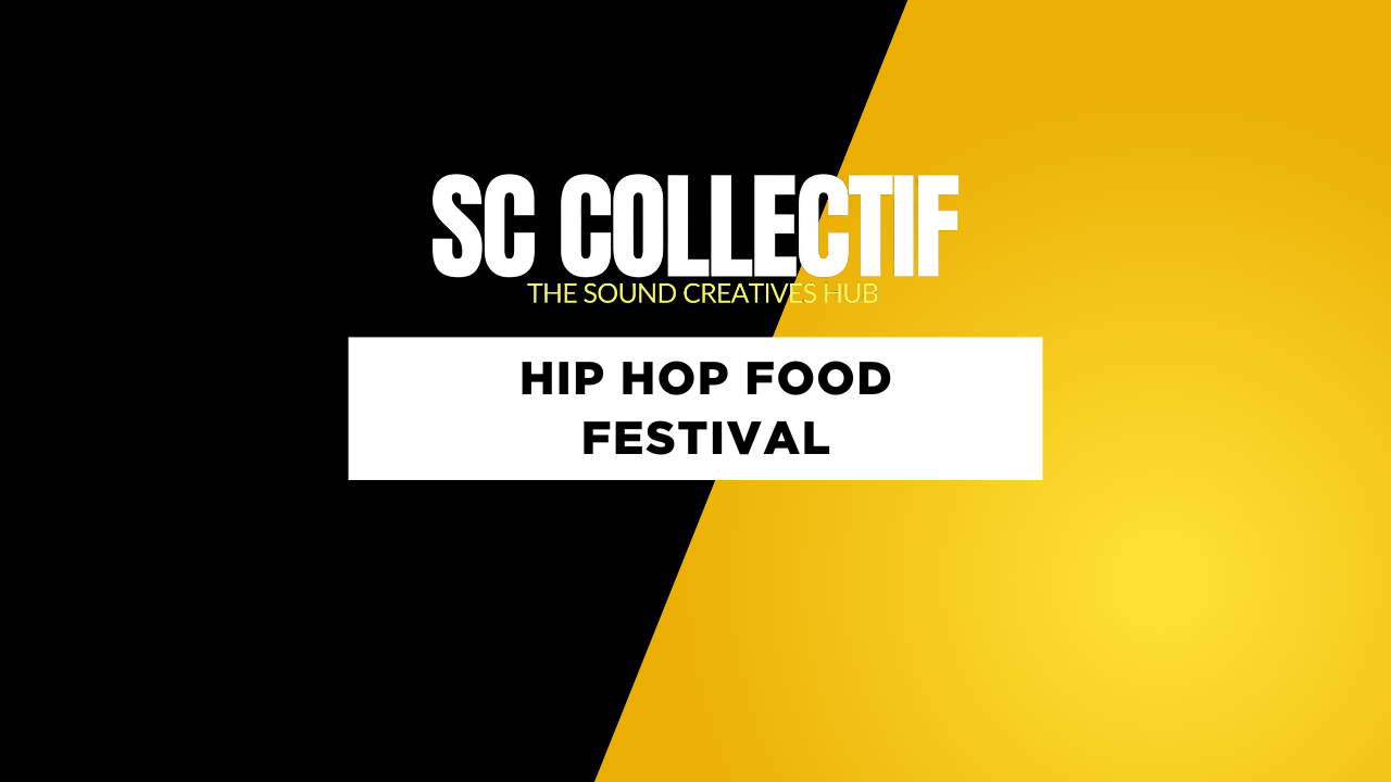 Event poster for the Hip Hop Food Festival organized by SC Collectif, featuring a black and yellow diagonal background and white text.