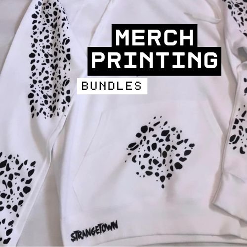 White hoodie with black abstract dot patterns and text that says "Merch Printing Bundles" and "Strangetown".