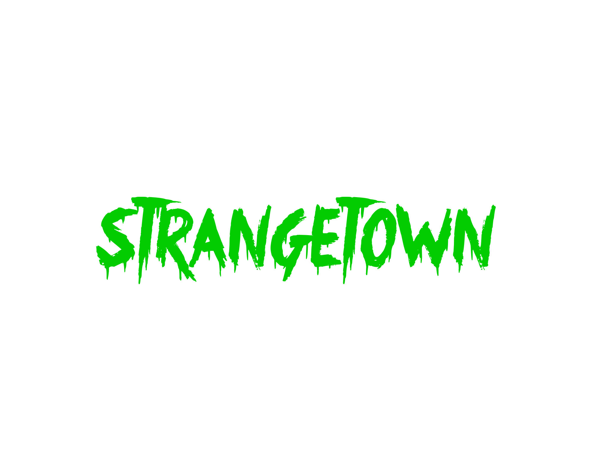 Logo for Stranger Town featuring the words 'Stranger Town' in green, jagged lettering with a spooky style.