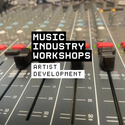 Close-up of an audio mixing console with text overlay reading 'Music Industry Workshops Artist Development'