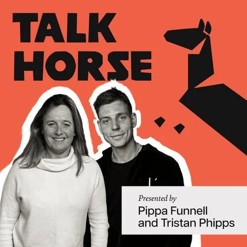 Graphic for 'Talk Horse' podcast featuring Pippa Funnell and Tristan Phipps, with an illustration of a horse illustration in the top right corner.