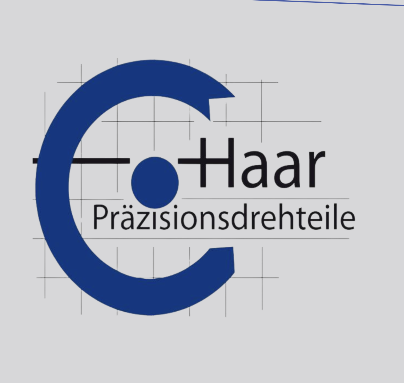 Logo für 'C-Haar Präzisionsdrehteile' mit einem großen blauen Buchstaben C, einem Punkt in der Mitte, dem Wort 'Haar' und dem Slogan 'Präzisionsdrehteile' darunter.