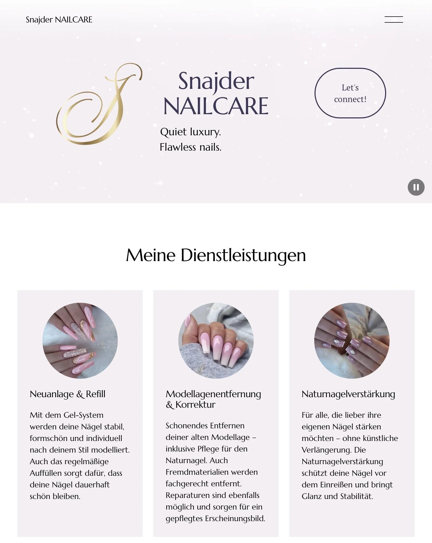 Webseite für Nageldienstleistungen mit Logo und Angeboten. Drei Serviceseiten: Nagelpflege, Modellageentfernung & Korrektur, Naturnagelverstärkung mit Bildern der Nägel.