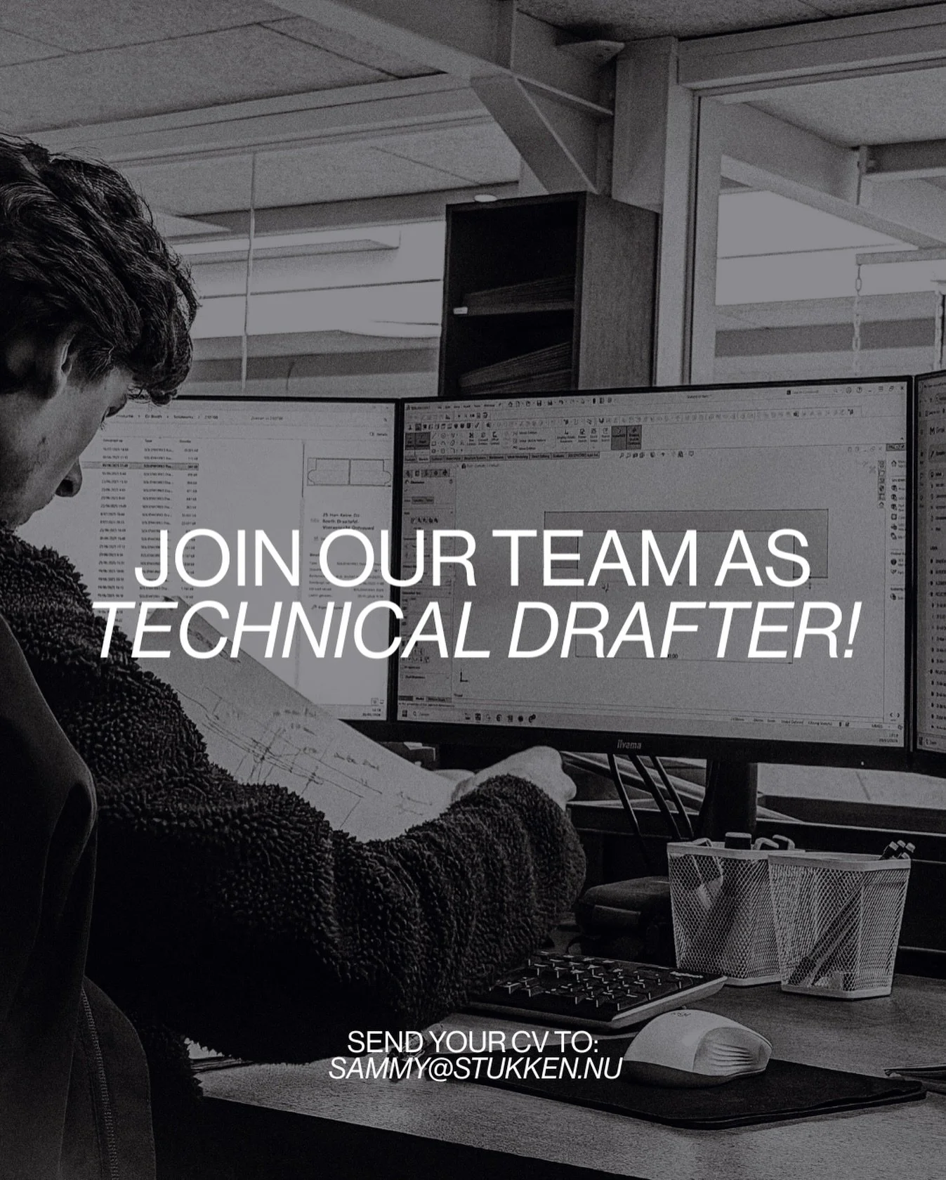 You see details where others see chaos.

We&rsquo;re looking for a Technical Drafter to join our team!
➤ SolidWorks experience and Dutch speaking required.
➤ Send your CV to sammy@stukken.nu

Get a feel for the type of projects you&rsquo;ll be workin