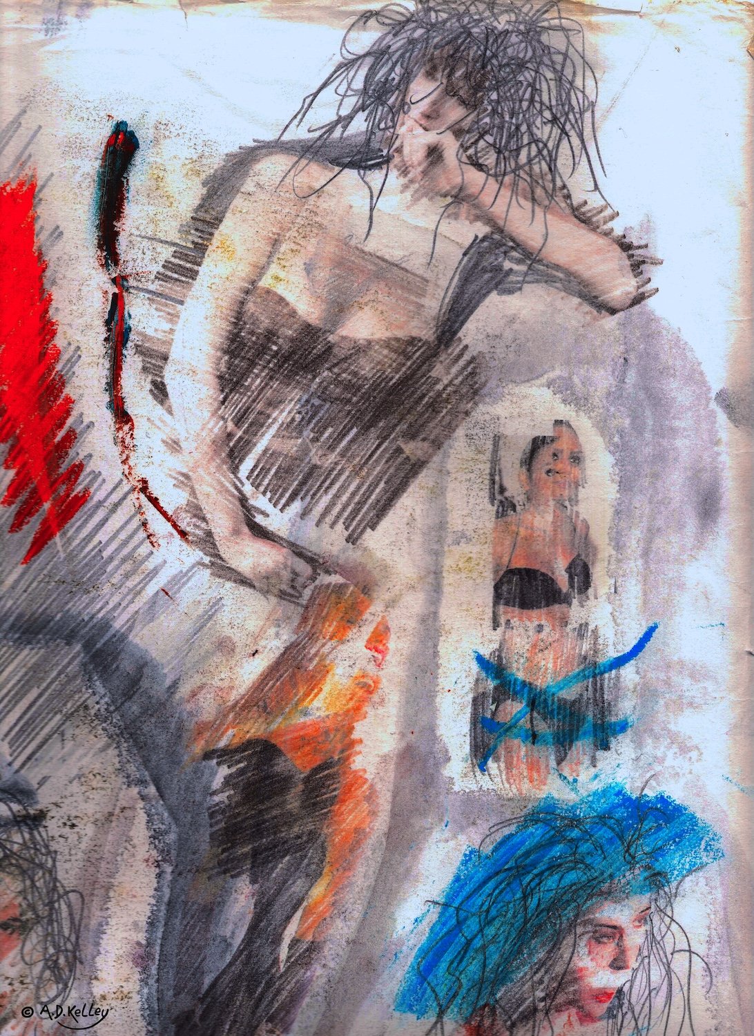 Virtical mixed media pastels and grphite on paper abstraction of female figures