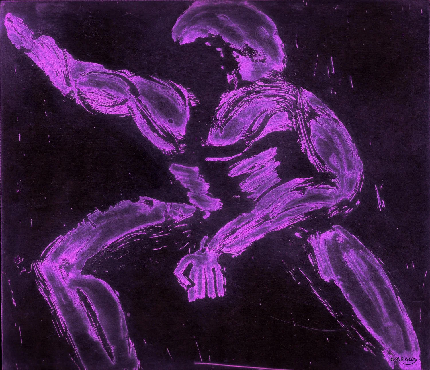 Artwork, an etching of an abstracted male figure  printed with very vibrant magenta ink on black paper