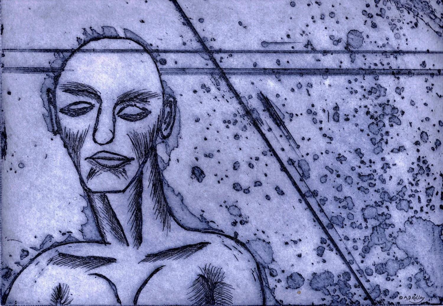 Artwork, an etching of balded headed bust against an abstracted background printed with dark blue ink on white paper