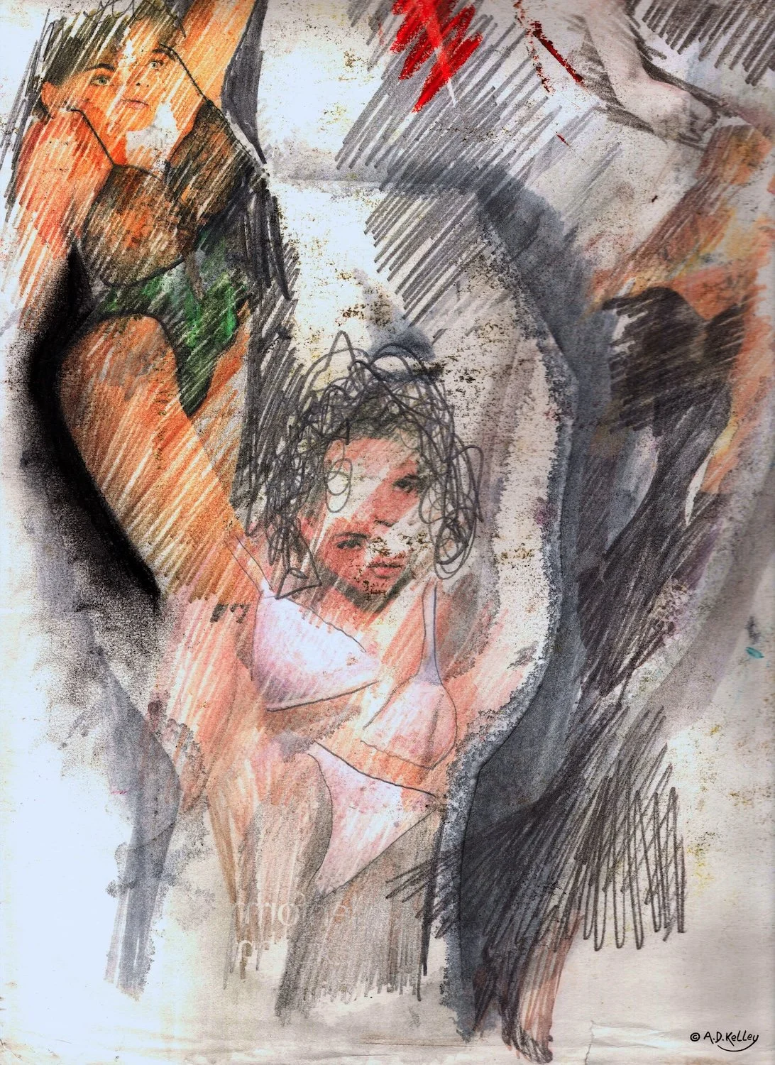 Virtical wixed media pastels and grphite abstraction on paper of female figures