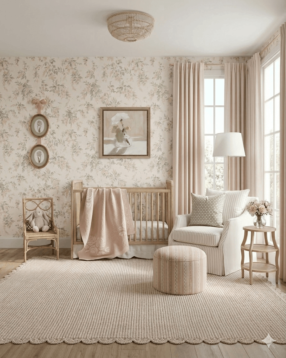 pink-and-green-girl's-nursery-floral-wallpaper