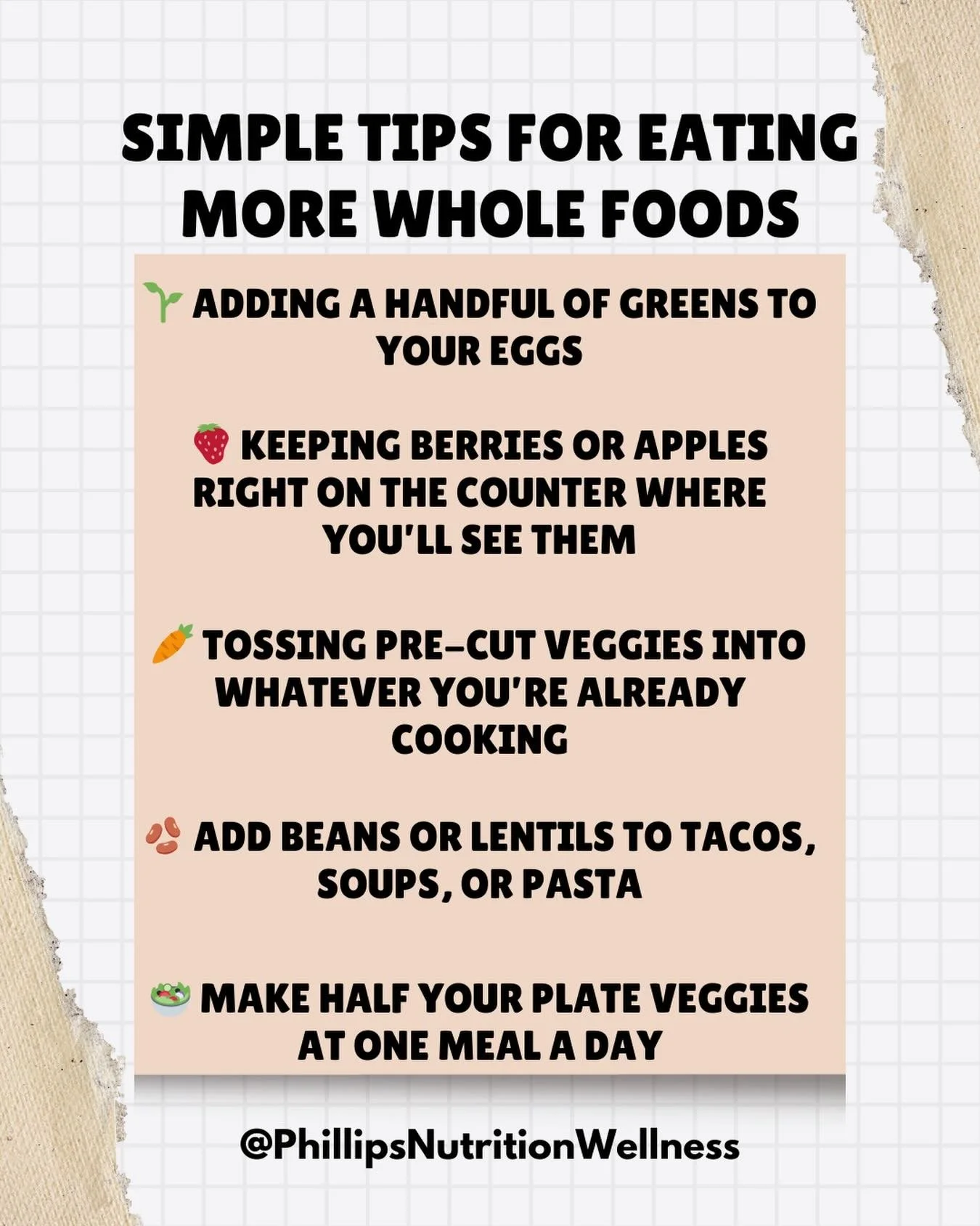 Eating more whole foods doesn&rsquo;t mean becoming a whole new person.
It&rsquo;s really just about tiny tweaks that feel doable on your busiest days.
Try little upgrades like:
🌱 Adding a handful of greens to your eggs
🍓 Keeping berries or apples 