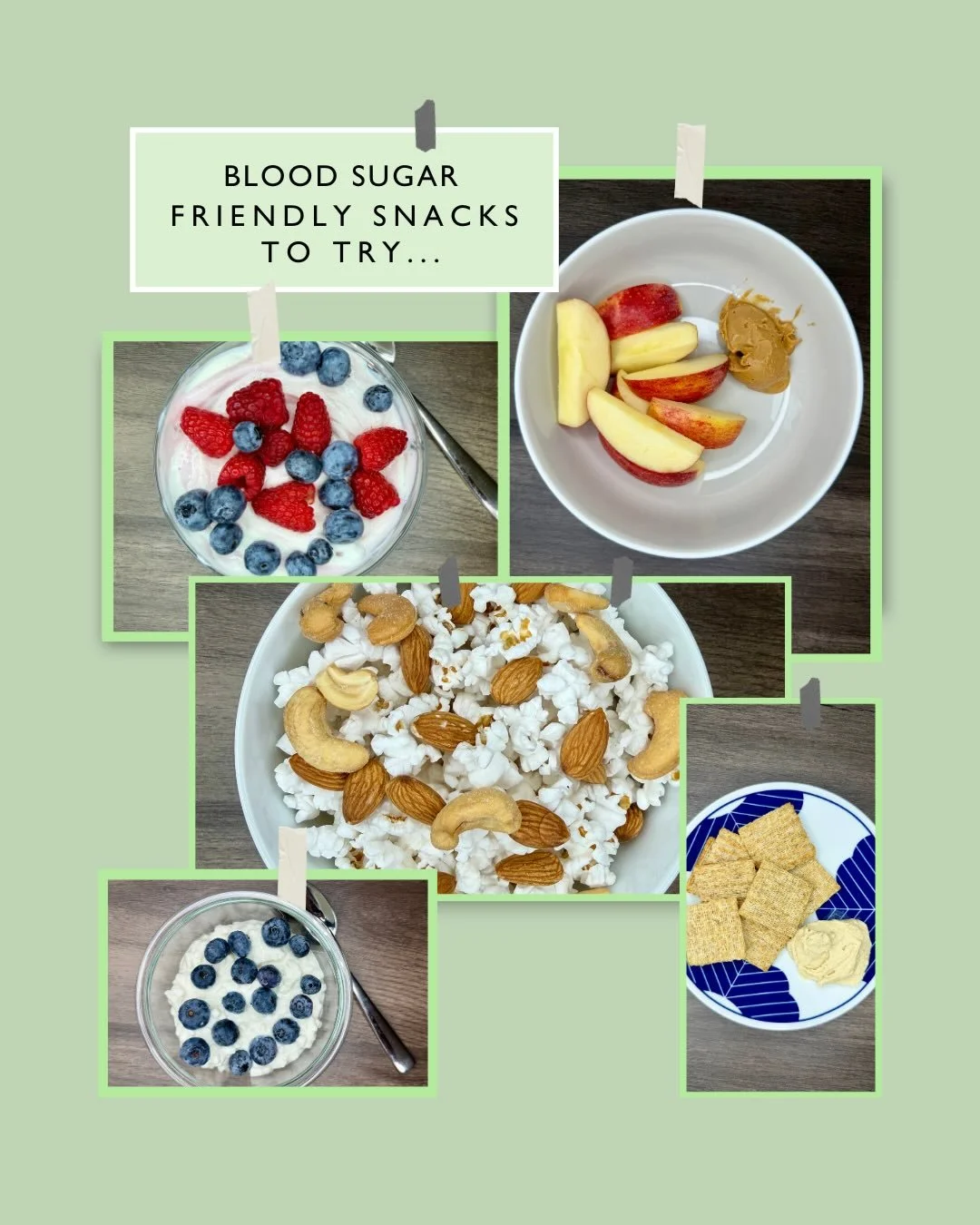 Blood Sugar Friendly Snack 🍎
A satisfying snack helps keep blood sugar steady.
The key? Pair carbohydrates with protein, fiber, or healthy fats.
Try one of these:
 &bull; Apple slices + peanut butter
 &bull; Greek yogurt + berries
 &bull; Crackers +