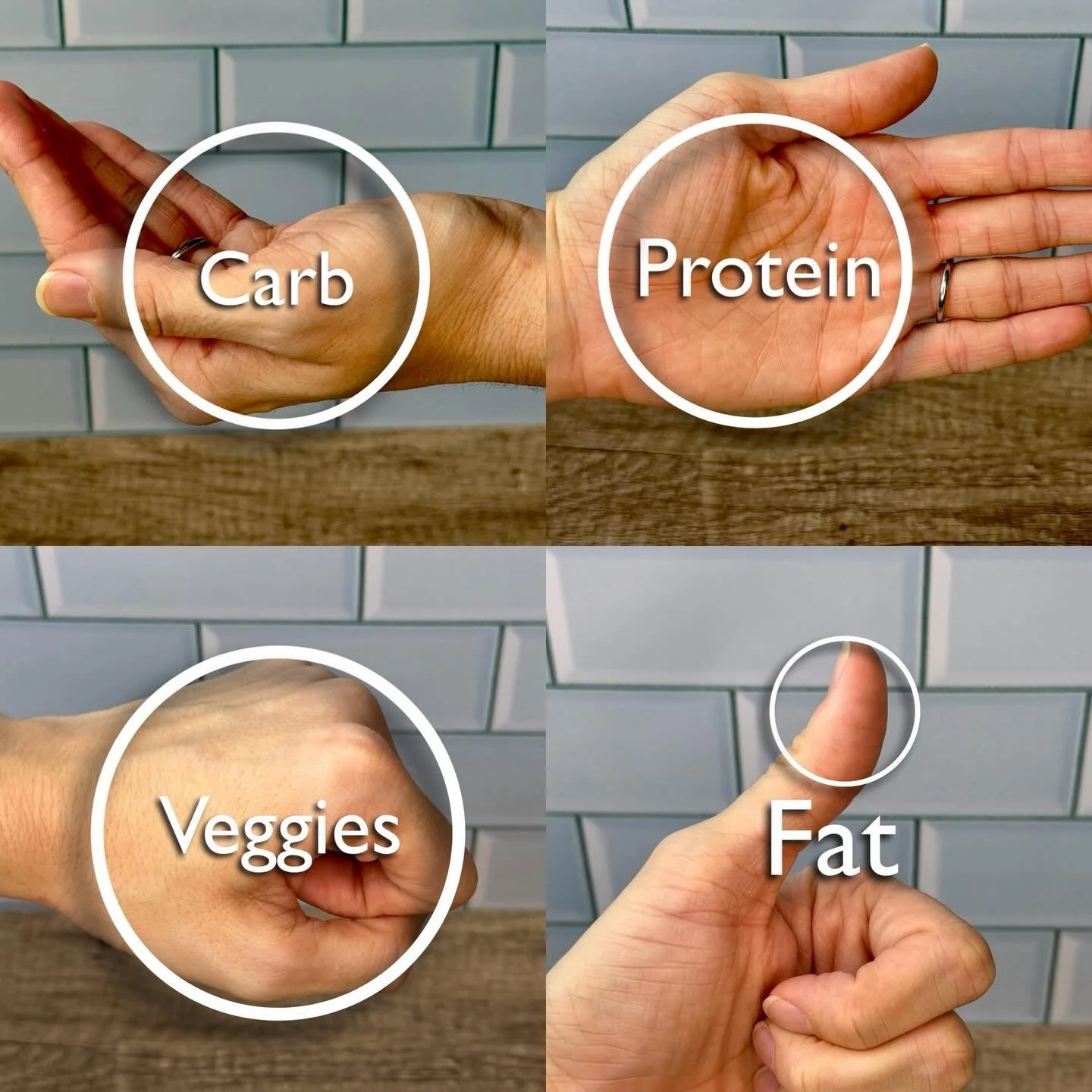 Visual Portion Size Guide ✋🥗
Portion awareness focuses on eating enough to support your energy, fullness, and daily needs.
A simple visual guide:
 &bull; Protein: palm of your hand
 &bull; Carbohydrates: cupped hand
 &bull; Fats: thumb
 &bull; Veget