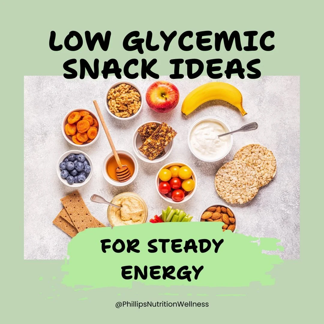 Low Glycemic Snack Ideas for Steady Energy ⚡
If snacks leave you crashing an hour later, the goal isn&rsquo;t to avoid carbs. It&rsquo;s to choose ones that digest more slowly and pair them well.

Low glycemic snacks focus on:
 &bull; Fiber
 &bull; P