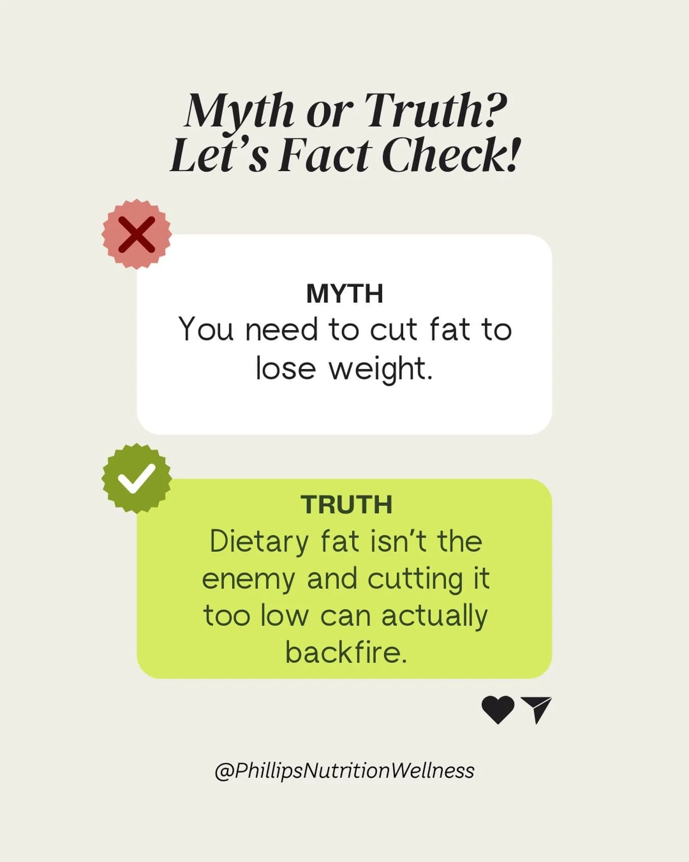True or False: You need to cut fat to lose weight.
Answer: ❌ False

Dietary fat isn&rsquo;t the enemy and cutting it too low can actually backfire.
Why fat matters:
 &bull; Helps you feel satisfied and full
 &bull; Supports hormone health
 &bull; Imp