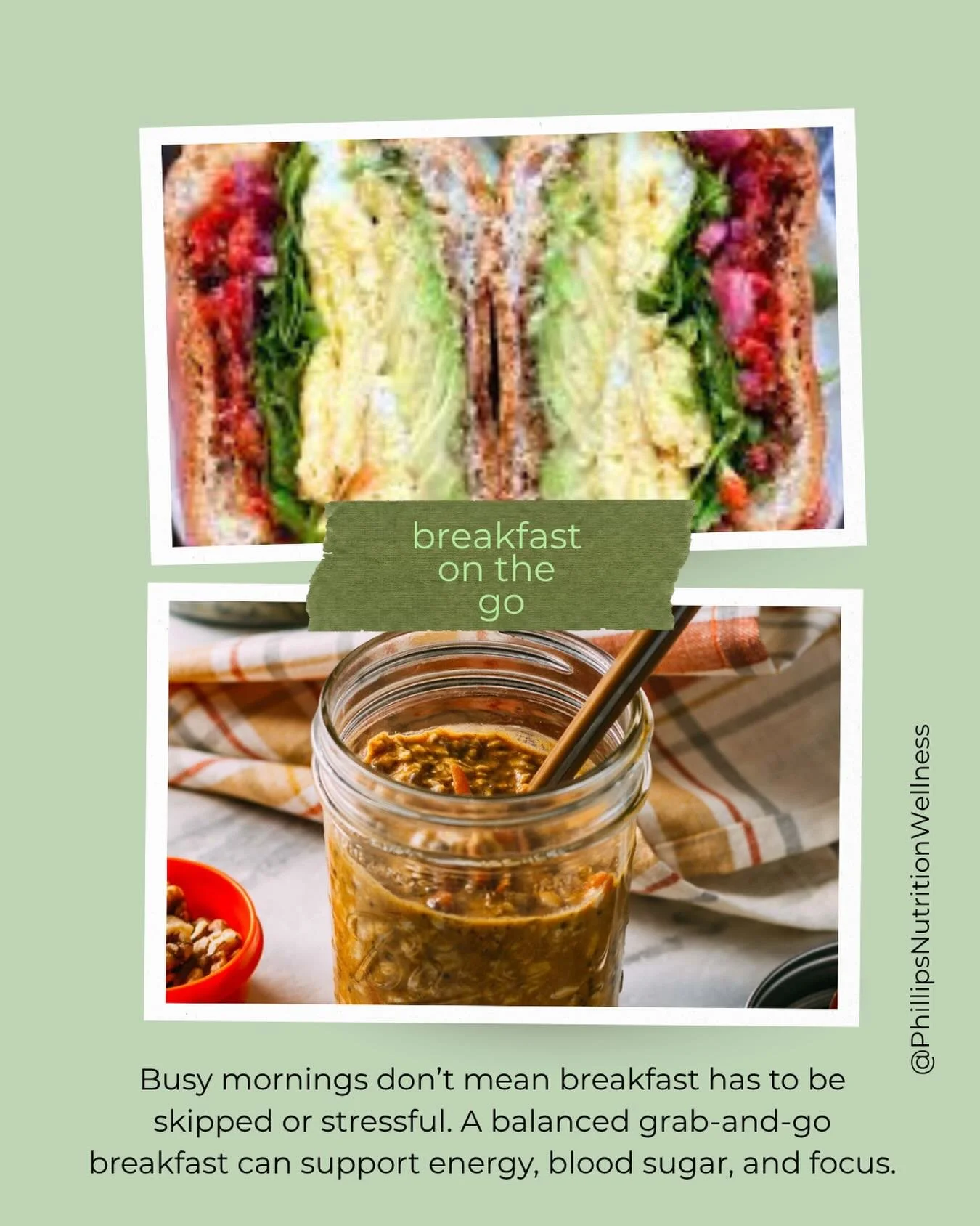 Breakfast on the Go 🍳⏱️
Busy mornings don&rsquo;t mean breakfast has to be skipped or stressful.
A balanced grab-and-go breakfast can support energy, blood sugar, and focus.
What to aim for:
 &bull; Protein for fullness
 &bull; Carbohydrates for ene