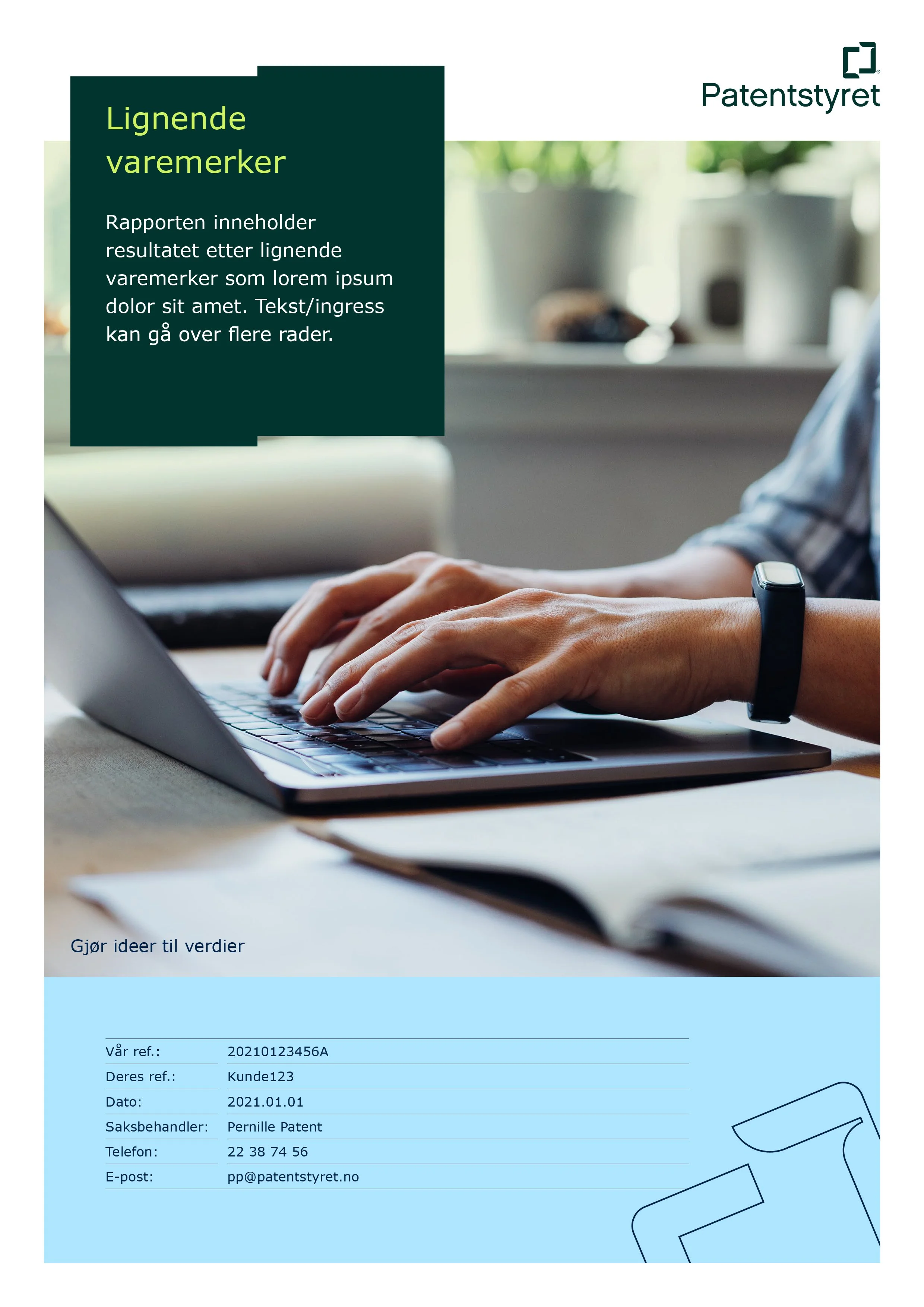 Close-up of hands typing on a laptop keyboard, with a blurred background of houseplants and documents, and a Norwegian text overlay related to trademarks and the Norwegian Patent Office, "Patentstyret."