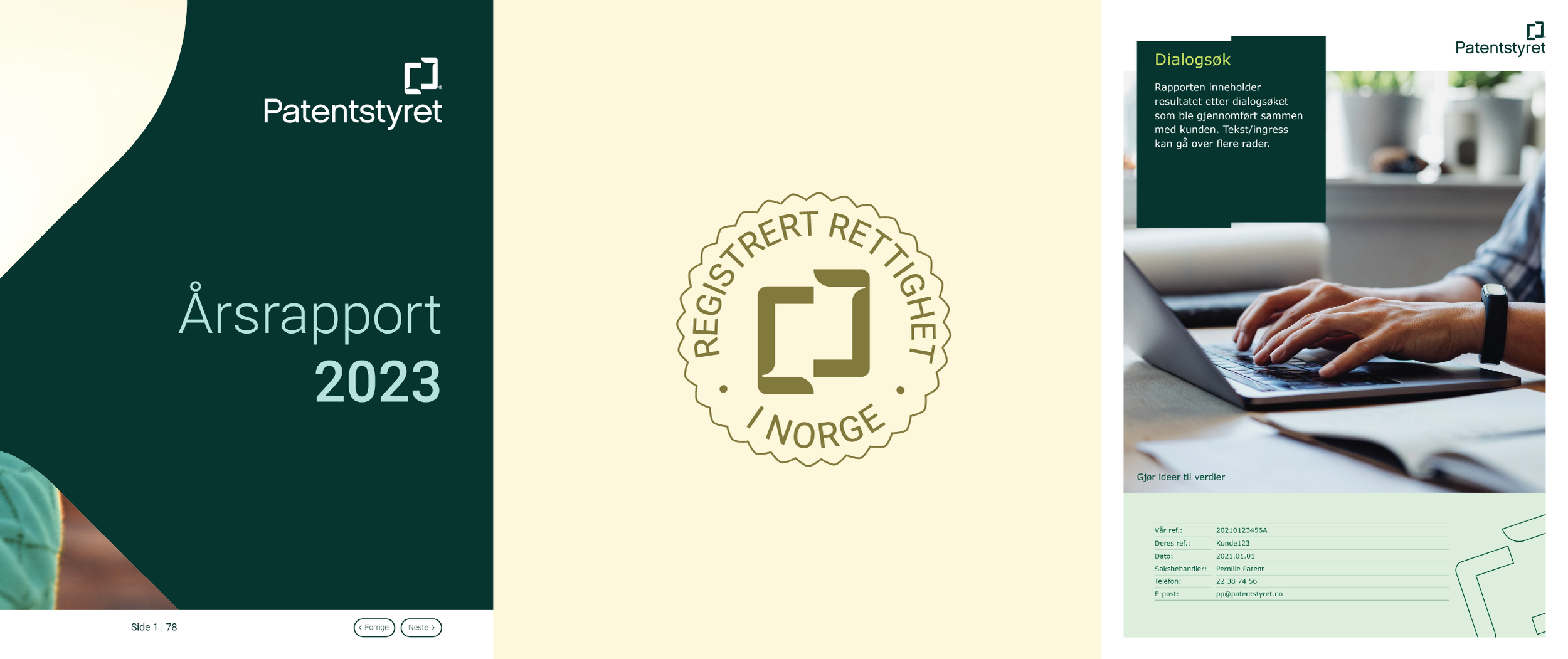 Norwegian Patent Office document showing cover of annual report 2023, a registered rights seal, and laptop user
