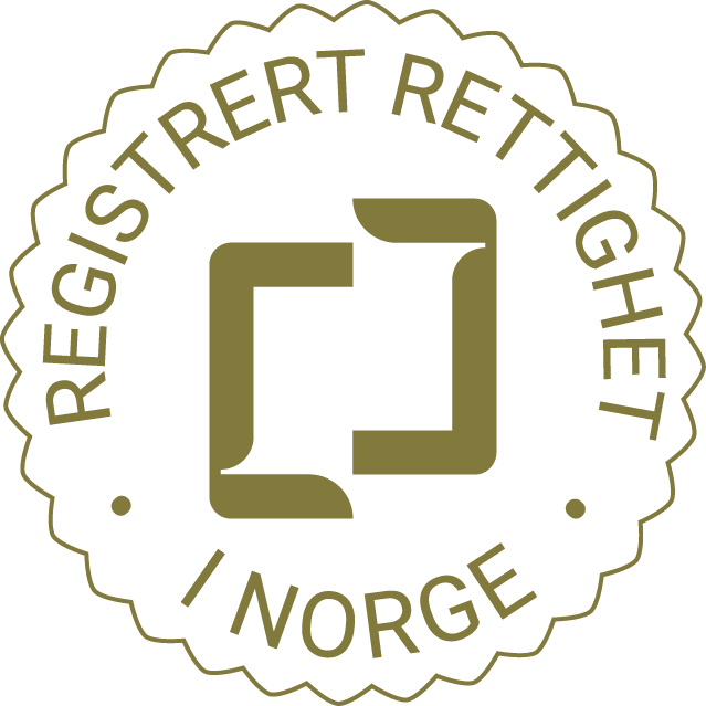 Seal with text 'Registrert Rettighet i Norge' and abstract design in center.