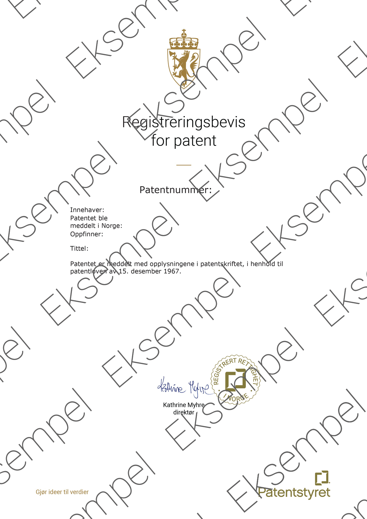 Norwegian patent registration certificate template with watermark 'Eksempel', featuring the coat of arms of Norway, spaces for patent number, title, owner, and inventor, a signature, and the Patent Office logo.