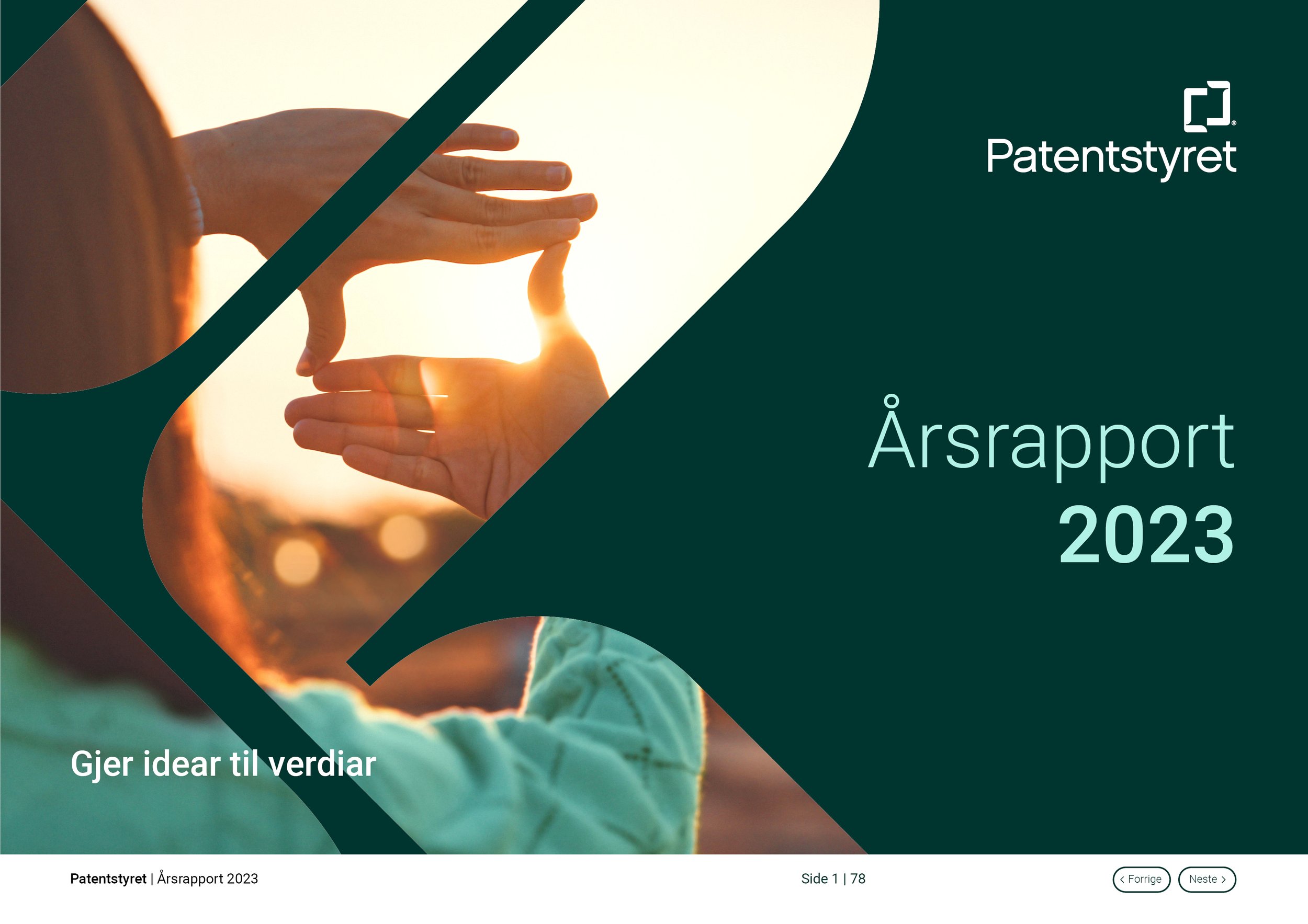 Cover of a 2023 annual report from Patentstyret, featuring a person framing the setting sun with their hands against a geometric design.