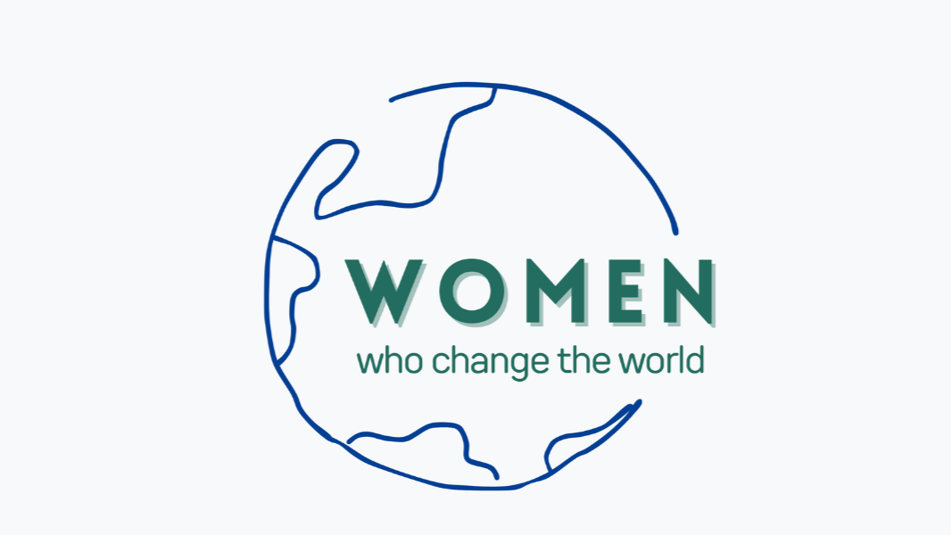 Illustration of a globe outline with text 'Women who change the world' inside.