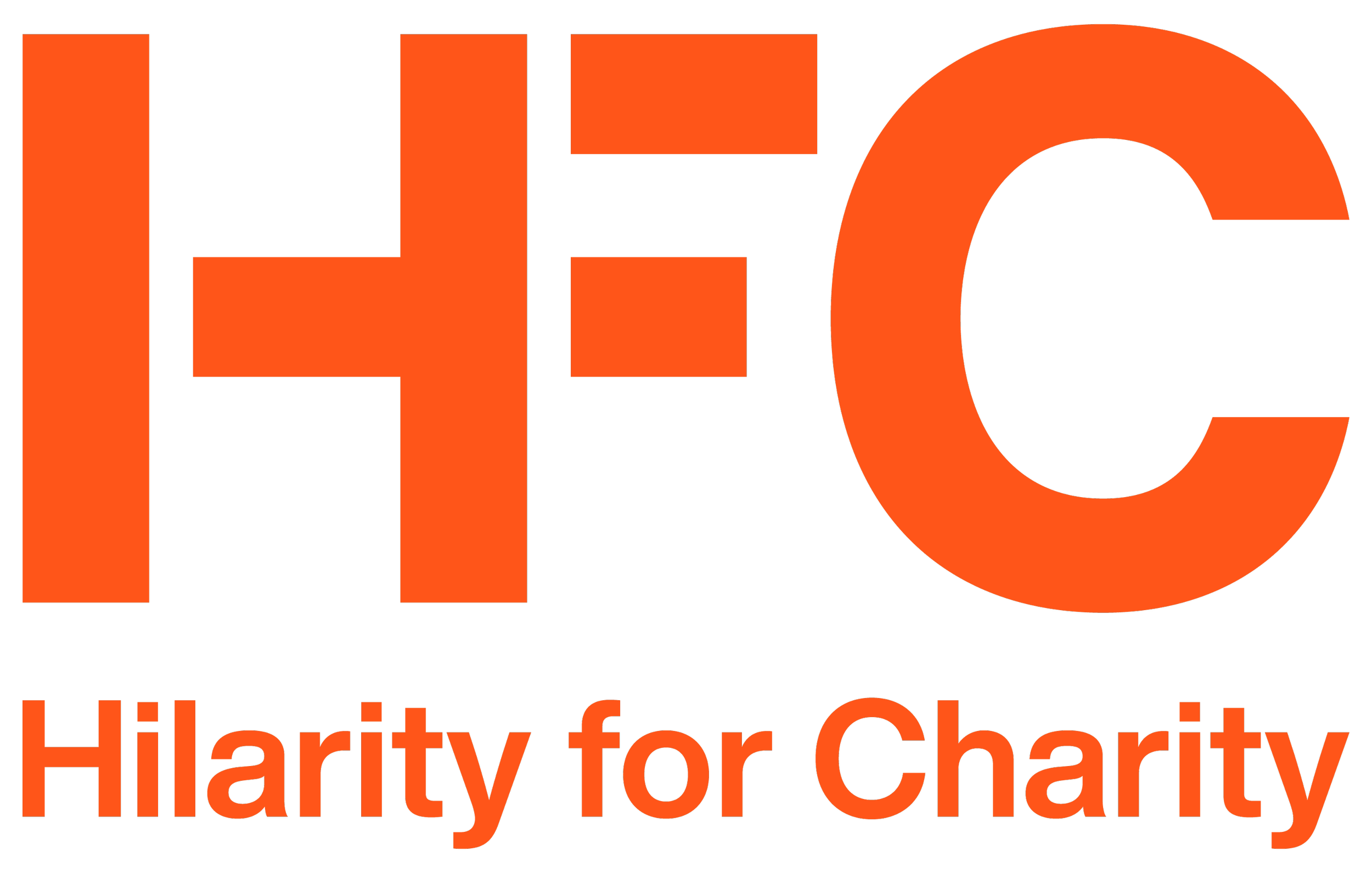 A logo with the text 'HEC' in large orange letters and the phrase 'Hilarity for Charity' in smaller orange letters below.