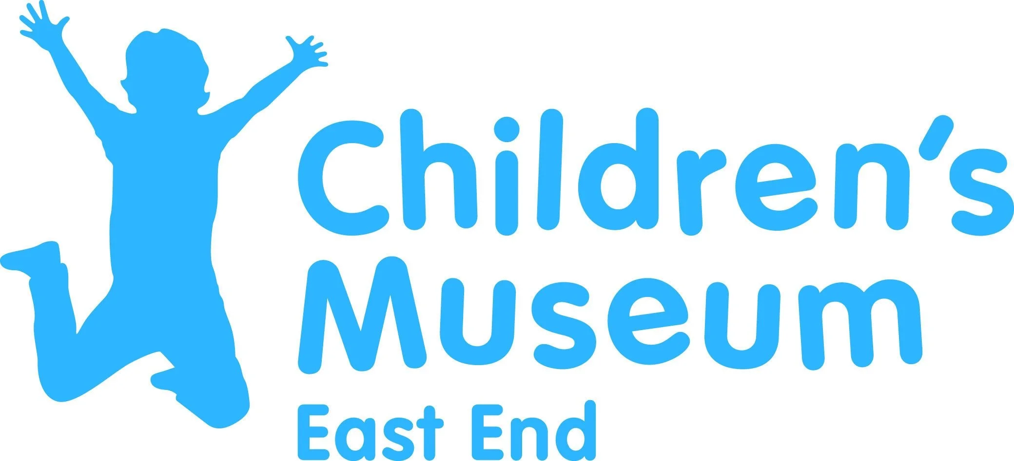 Logo of the Children's Museum East End featuring a blue silhouette of a jumping child and the text 'Children's Museum East End' in blue letters.