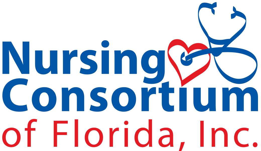 Nursing Consortium of Florida Inc logo featuring a blue stethoscope forming a heart shape with red and white colors.