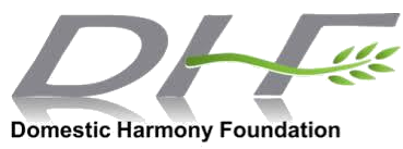 Logo of the Domestic Harmony Foundation featuring stylized letters with a green leaf design.