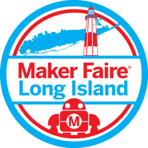 Maker Faire Long Island logo featuring a lighthouse, clouds, and a robot icon.