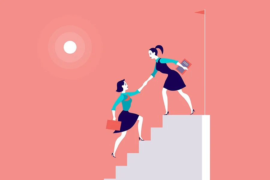Illustration of a woman helping another woman climb stairs with a sun and flag in the background.