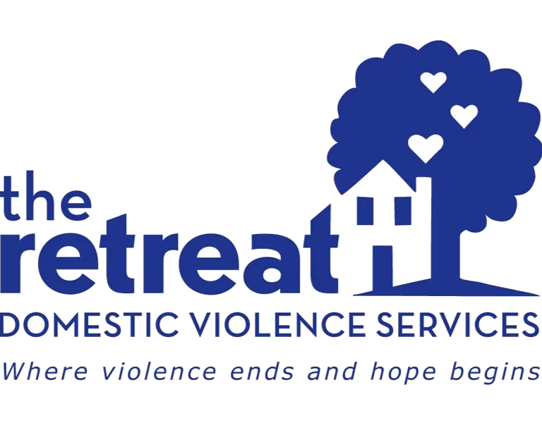 Logo for the retreat domestic violence services, featuring a tree with heart-shaped leaves, the organization's name, and the slogan 'Where violence ends and hope begins'.