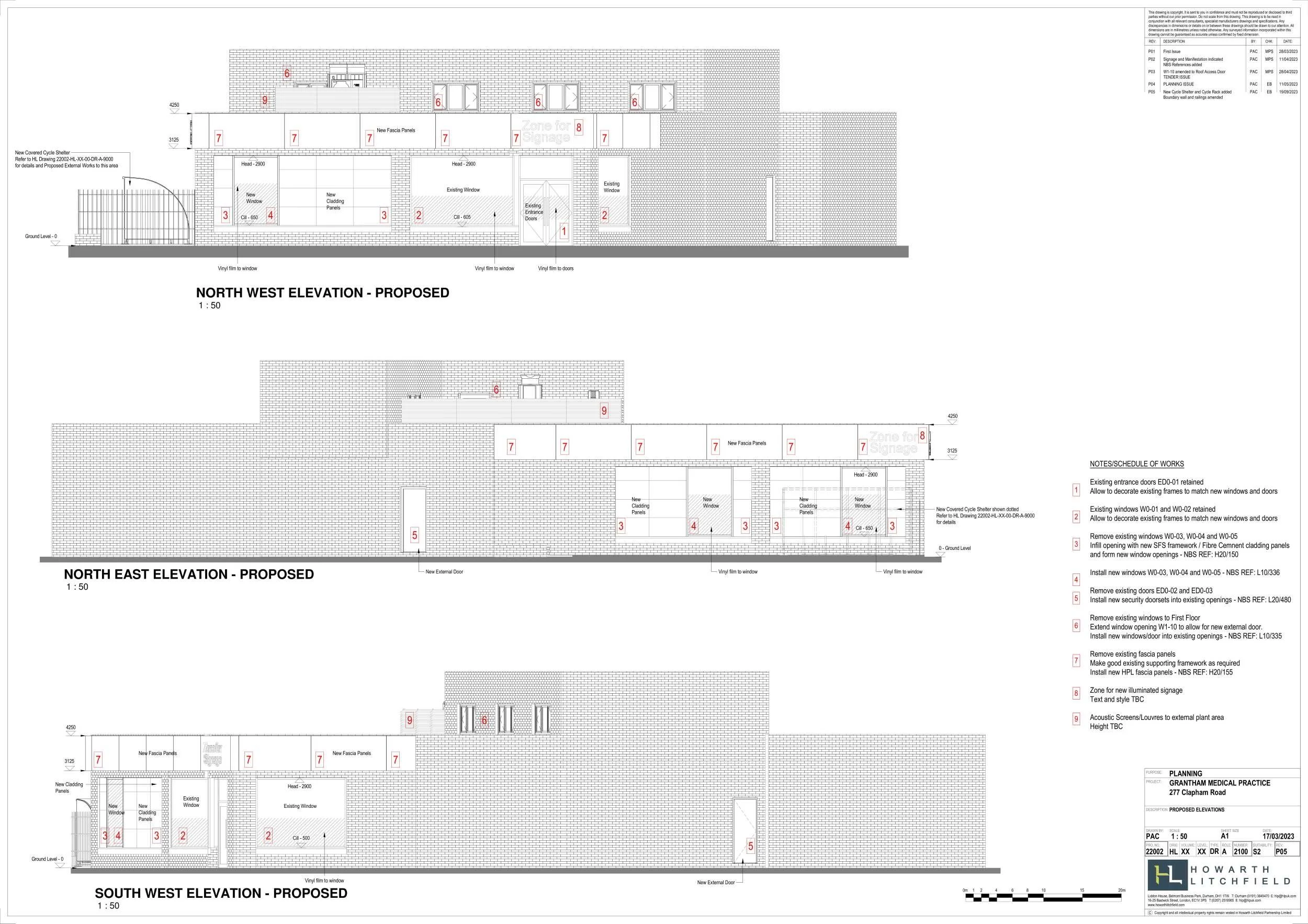 Proposed Elevations (North West, North East, and South West) showing the new signage zones and external alterations